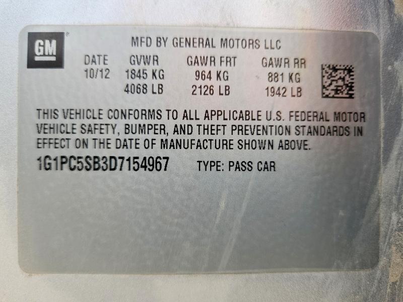 2013 Chevrolet Cruze მანქანა იყიდება აუქციონზე, vin: 1G1PC5SB3D7154967, აუქციონის ნომერი: 68806496