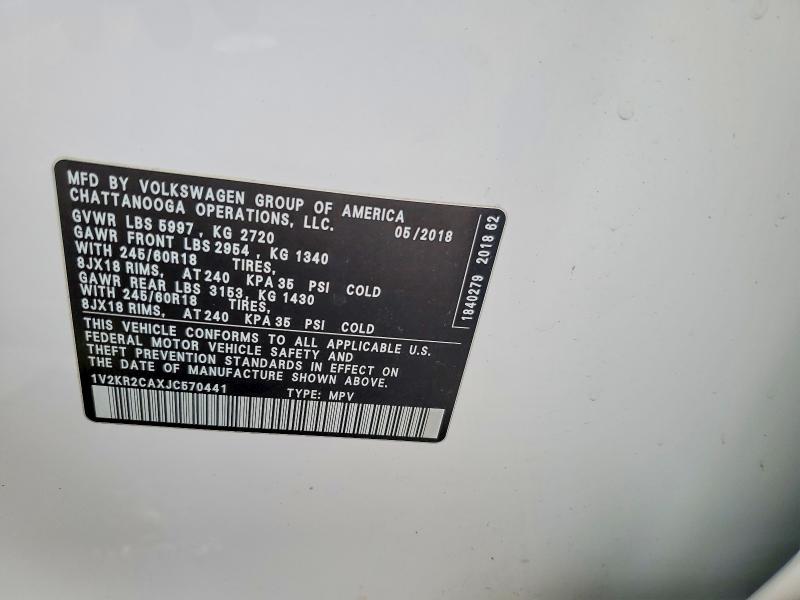 68402986 :رقم المزاد ، 1V2KR2CAXJC570441 vin ، 2018 Volkswagen Atlas مزاد بيع