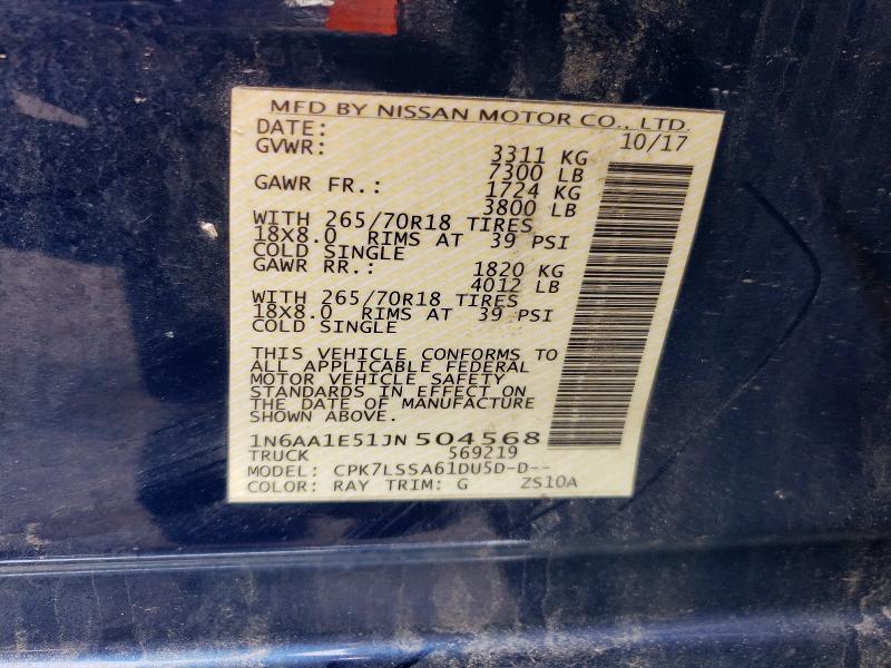 Auction sale of the 2018 Nissan Titan, vin: 1N6AA1E51JN504568, lot number: 68484416