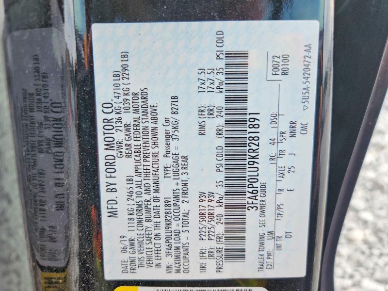 Продаж на аукціоні авто 2019 Ford Fusion, vin: 3FA6P0LU9KR281891, номер лоту: 67223156