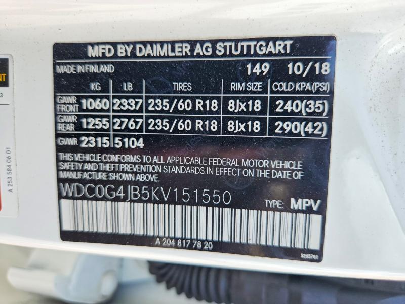 2019 Mercedes-benz Glc მანქანა იყიდება აუქციონზე, vin: WDC0G4JB5KV151550, აუქციონის ნომერი: 68499746