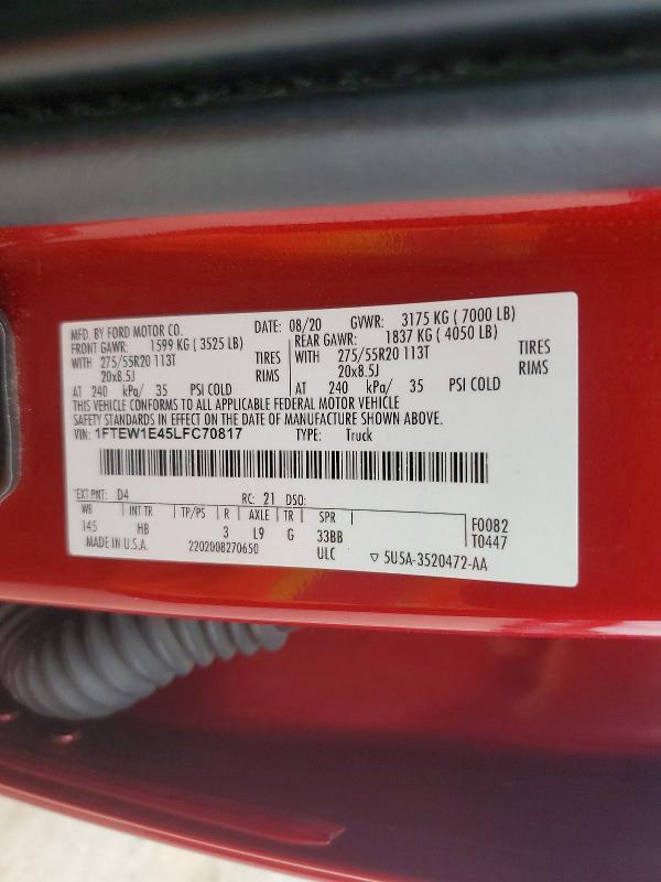 Aukcja sprzedaży 2020 Ford F150, vin: 1FTEW1E45LFC70817, numer aukcji: 67153906