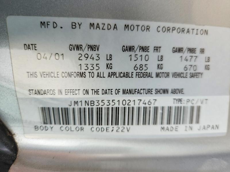 2001 Mazda Mx-5 Miata მანქანა იყიდება აუქციონზე, vin: JM1NB353510217467, აუქციონის ნომერი: 67855826