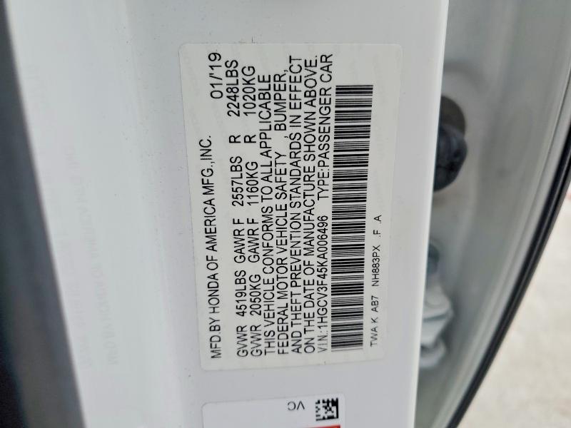 2019 Honda Accord მანქანა იყიდება აუქციონზე, vin: 1HGCV3F45KA006496, აუქციონის ნომერი: 70236106