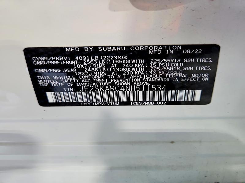 Aukcja sprzedaży 2022 Subaru Forester, vin: JF2SKARC4NH511534, numer aukcji: 69687566