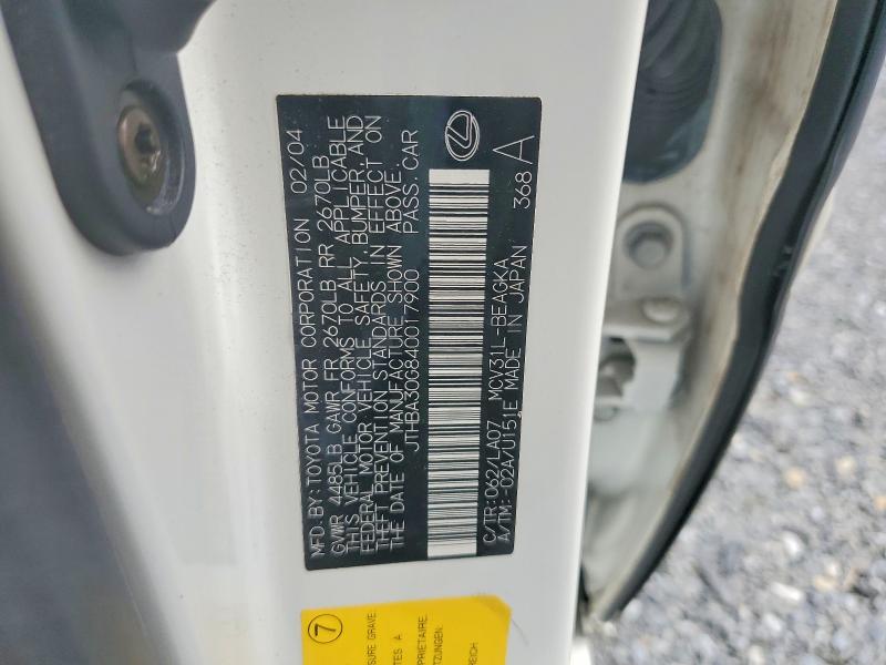 Aukcja sprzedaży 2004 Lexus Es, vin: JTHBA30G840017900, numer aukcji: 68005186