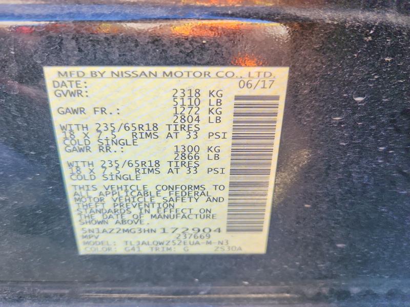 2017 Nissan Murano მანქანა იყიდება აუქციონზე, vin: 5N1AZ2MG3HN172904, აუქციონის ნომერი: 68428336