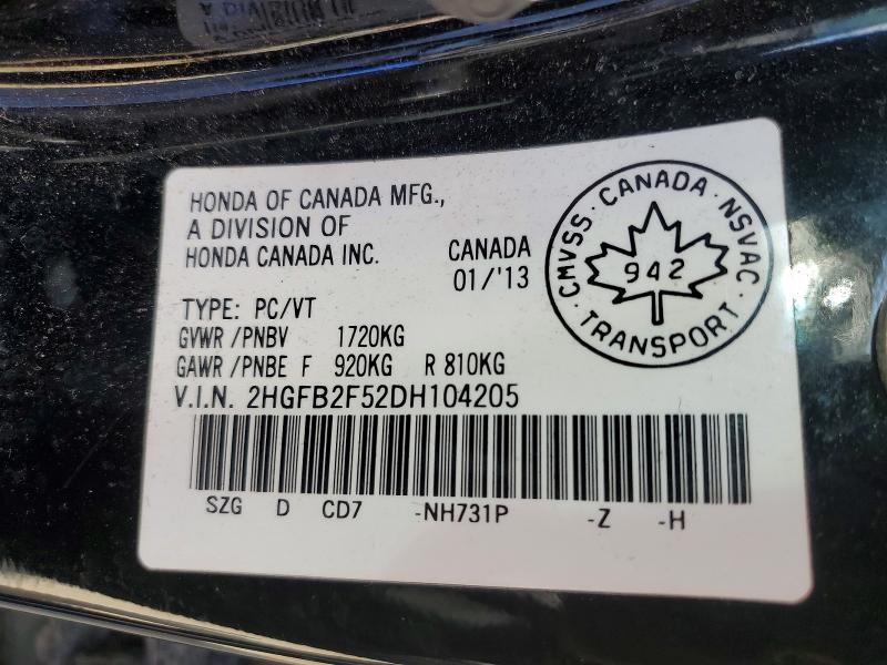 68496926 :رقم المزاد ، 2HGFB2F52DH104205 vin ، 2013 Honda Civic مزاد بيع