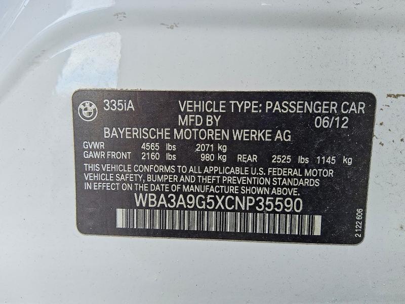 67457226 :رقم المزاد ، WBA3A9G5XCNP35590 vin ، 2012 Bmw 335 مزاد بيع