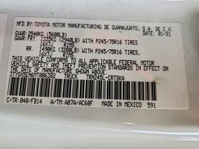 2021 Toyota Tacoma მანქანა იყიდება აუქციონზე, vin: 3TYSX5EN6MT006382, აუქციონის ნომერი: 70492336