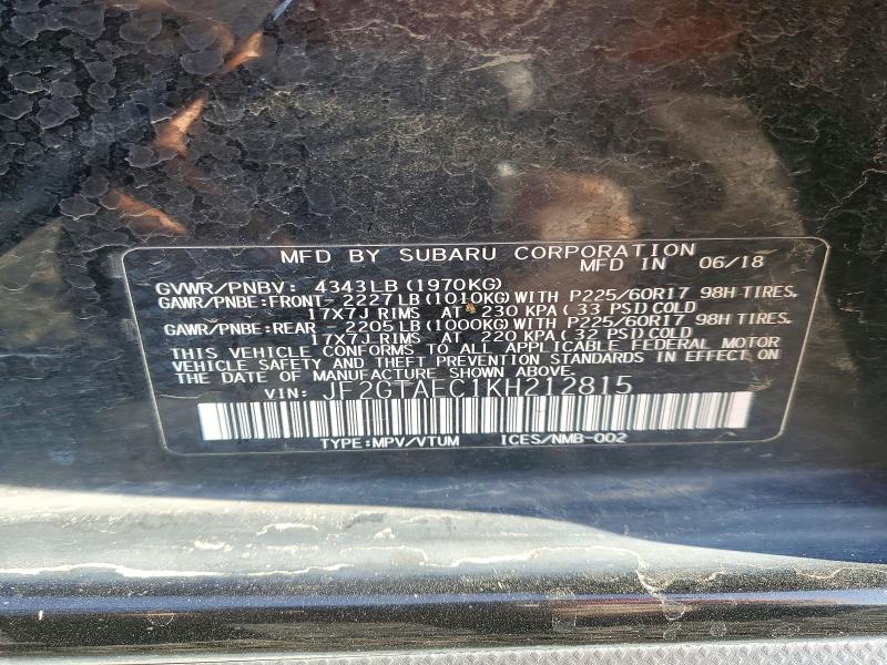 70344636 :رقم المزاد ، JF2GTAEC1KH212815 vin ، 2019 Subaru Crosstrek مزاد بيع