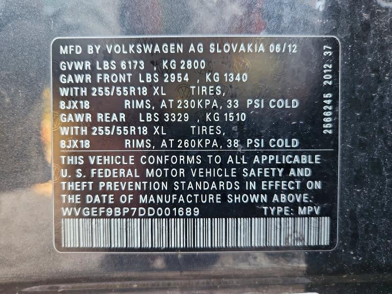 Aukcja sprzedaży 2013 Volkswagen Touareg, vin: WVGEF9BP7DD001689, numer aukcji: 67849556
