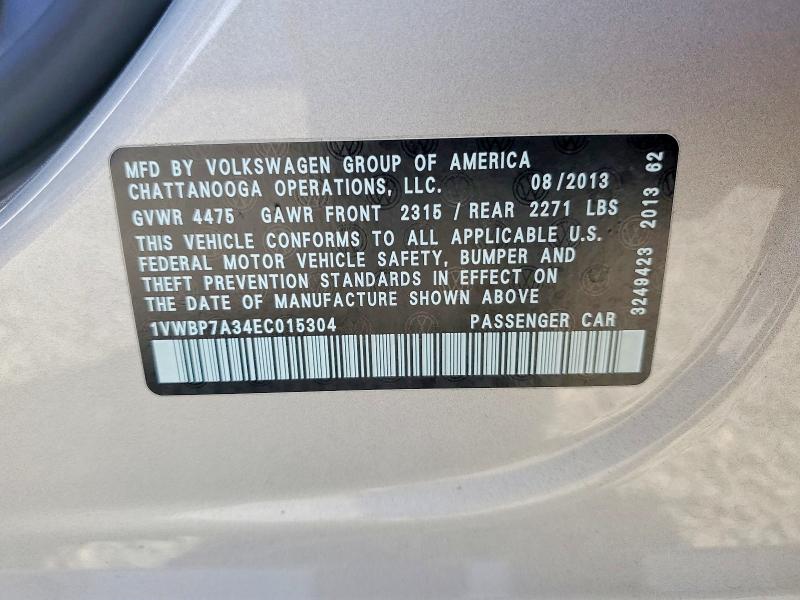 70514896 :رقم المزاد ، 1VWBP7A34EC015304 vin ، 2014 Volkswagen Passat مزاد بيع