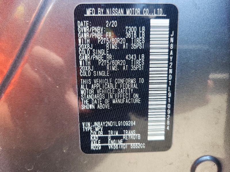 68477696 :رقم المزاد ، JN8AY2ND1L9109284 vin ، 2020 Nissan Armada مزاد بيع