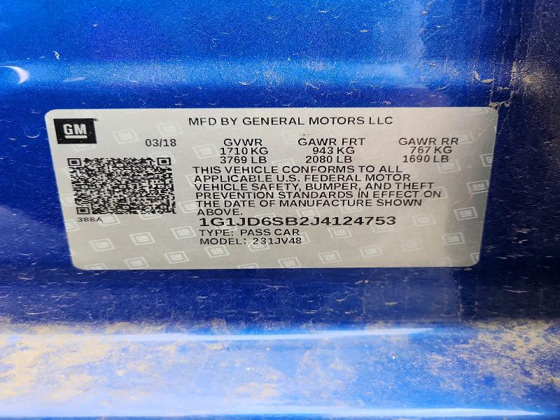 2018 Chevrolet Sonic მანქანა იყიდება აუქციონზე, vin: 1G1JD6SB2J4124753, აუქციონის ნომერი: 67087836