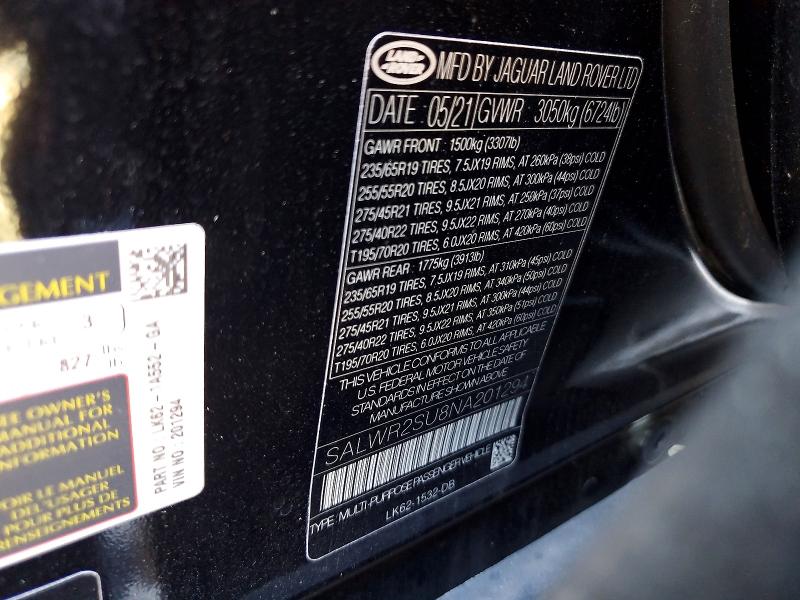 2022 Land Rover Range Rover Sport მანქანა იყიდება აუქციონზე, vin: SALWR2SU8NA201294, აუქციონის ნომერი: 68424976