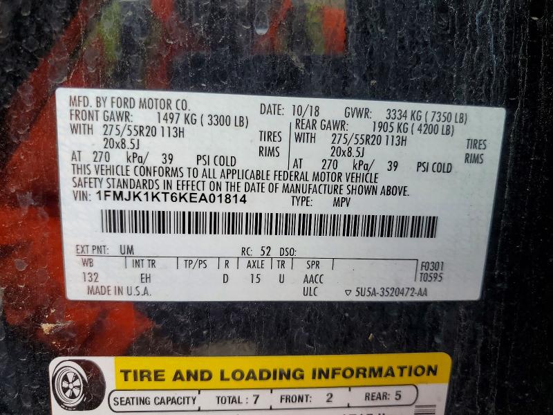 2019 Ford Expedition მანქანა იყიდება აუქციონზე, vin: 1FMJK1KT6KEA01814, აუქციონის ნომერი: 70516686
