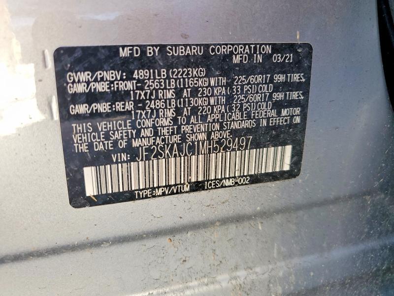 68009926 :رقم المزاد ، JF2SKAJC1MH529497 vin ، 2021 Subaru Forester مزاد بيع