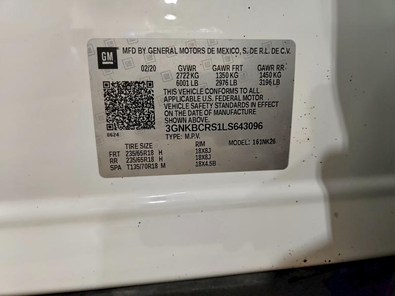 68126036 :رقم المزاد ، 3GNKBCRS1LS643096 vin ، 2020 Chevrolet Blazer مزاد بيع