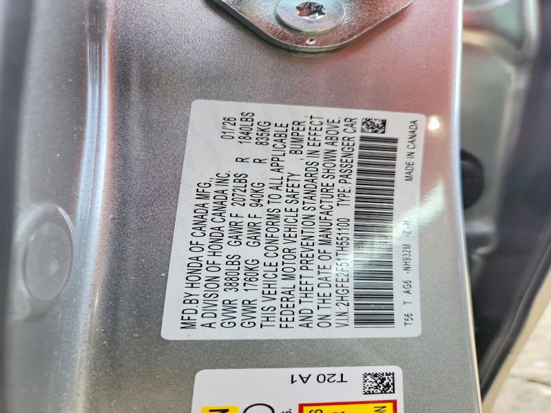 2026 Honda Civic მანქანა იყიდება აუქციონზე, vin: 2HGFE2F51TH551100, აუქციონის ნომერი: 70417596