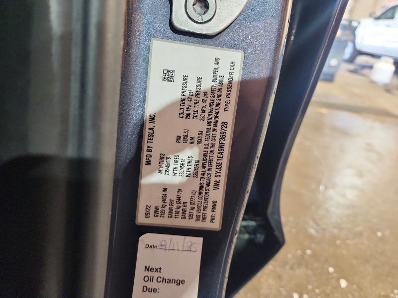 70737136 :رقم المزاد ، 5YJ3E1EA9NF369728 vin ، 2022 Tesla Model 3 مزاد بيع