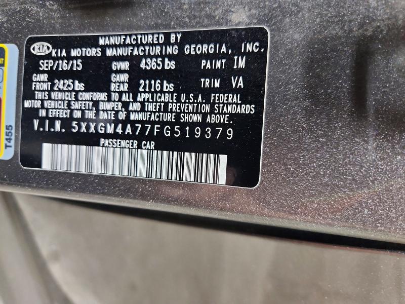 2015 Kia Optima მანქანა იყიდება აუქციონზე, vin: 5XXGM4A77FG519379, აუქციონის ნომერი: 69231546