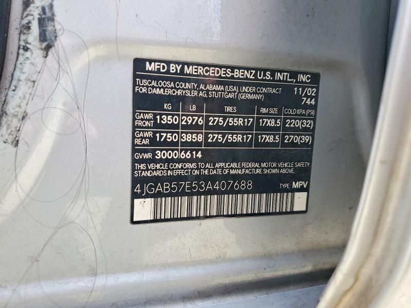 2003 Mercedes-benz Ml მანქანა იყიდება აუქციონზე, vin: 4JGAB57E53A407688, აუქციონის ნომერი: 67087176