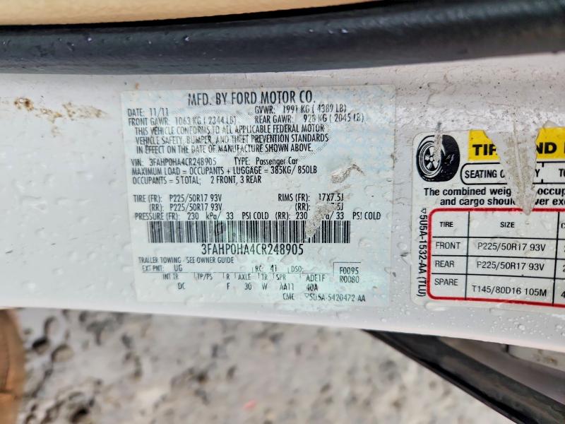 2012 Ford Fusion მანქანა იყიდება აუქციონზე, vin: 3FAHP0HA4CR248905, აუქციონის ნომერი: 67407606