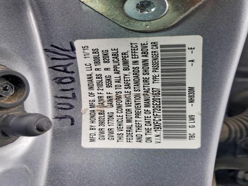 Продаж на аукціоні авто 2016 Honda Civic, vin: 19XFC1F72GE201637, номер лоту: 64788886