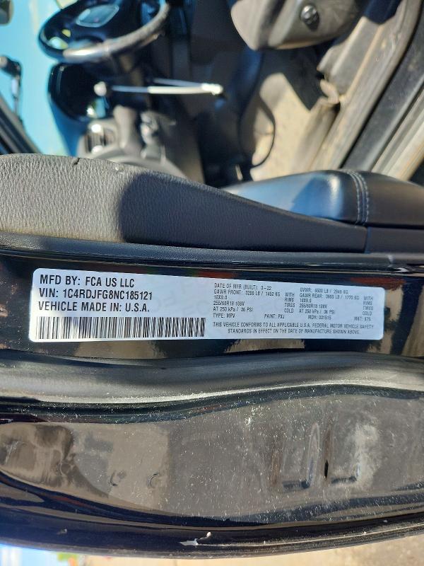 67250196 :رقم المزاد ، 1C4RDJFG8NC185121 vin ، 2022 Dodge Durango مزاد بيع