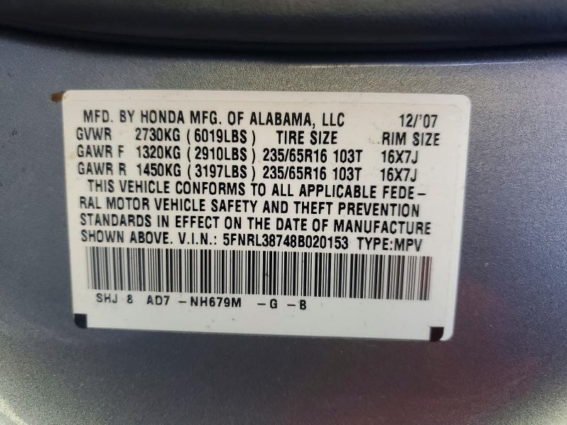 69560386 :رقم المزاد ، 5FNRL38748B020153 vin ، 2008 Honda Odyssey مزاد بيع