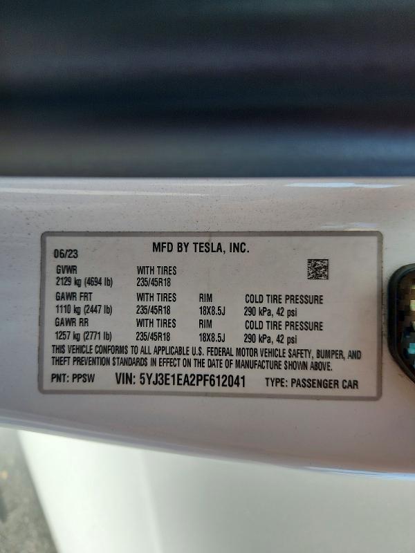 70335876 :رقم المزاد ، 5YJ3E1EA2PF612041 vin ، 2023 Tesla Model 3 مزاد بيع