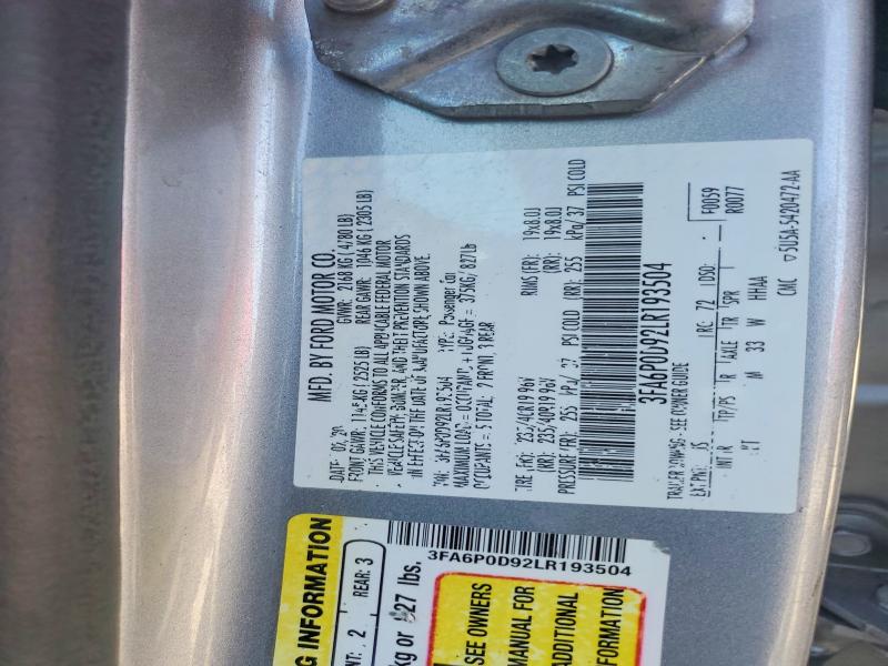 70700206 :رقم المزاد ، 3FA6P0D92LR193504 vin ، 2020 Ford Fusion مزاد بيع