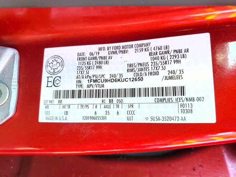 Aukcja sprzedaży 2019 Ford Escape, vin: 1FMCU9HD6KUC12650, numer aukcji: 64428716