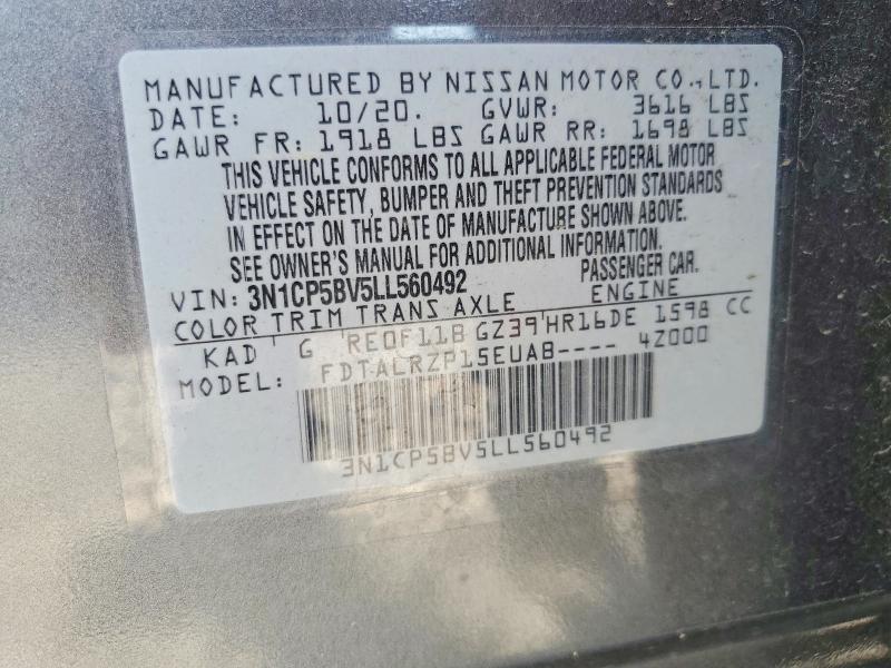 2020 Nissan Kicks მანქანა იყიდება აუქციონზე, vin: 3N1CP5BV5LL560492, აუქციონის ნომერი: 69127166