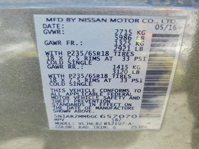 68280556 :رقم المزاد ، 5N1AR2MM6GC657070 vin ، 2016 Nissan Pathfinder مزاد بيع