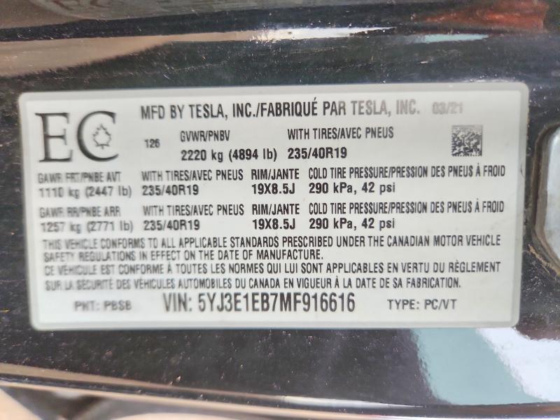 68878136 :رقم المزاد ، 5YJ3E1EB7MF916616 vin ، 2021 Tesla Model 3 مزاد بيع