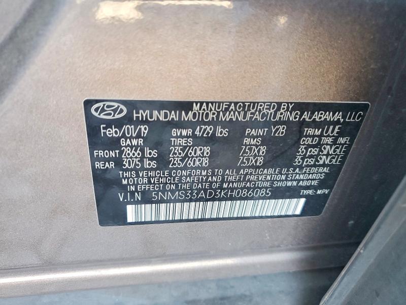 Aukcja sprzedaży 2019 Hyundai Santa Fe, vin: 5NMS33AD3KH086085, numer aukcji: 69249926