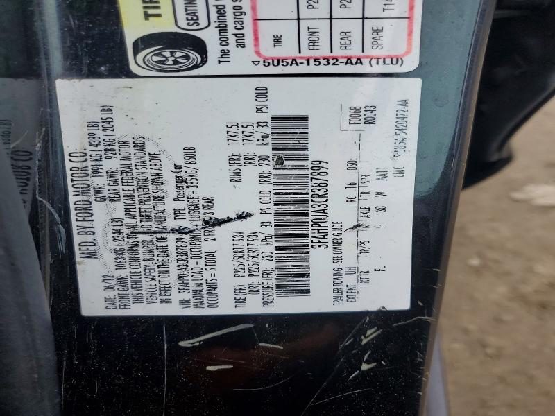 70430066 :رقم المزاد ، 3FAHP0JA3CR387899 vin ، 2012 Ford Fusion مزاد بيع