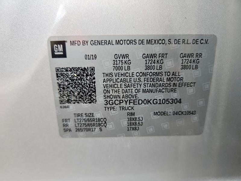 Продаж на аукціоні авто 2019 Chevrolet Silverado, vin: 3GCPYFED0KG105304, номер лоту: 68343626