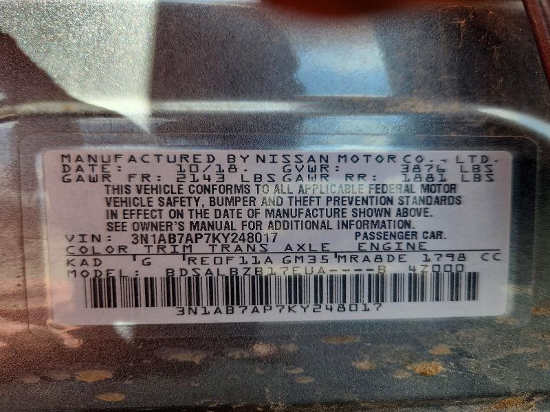 Aukcja sprzedaży 2019 Nissan Sentra, vin: 3N1AB7AP7KY248017, numer aukcji: 66485636