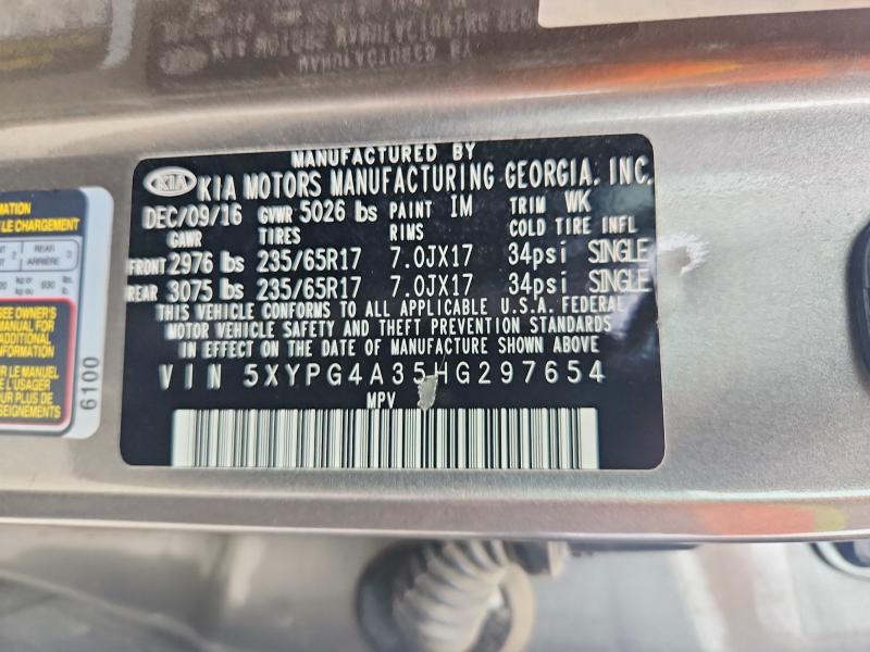67279716 :رقم المزاد ، 5XYPG4A35HG297654 vin ، 2017 Kia Sorento مزاد بيع
