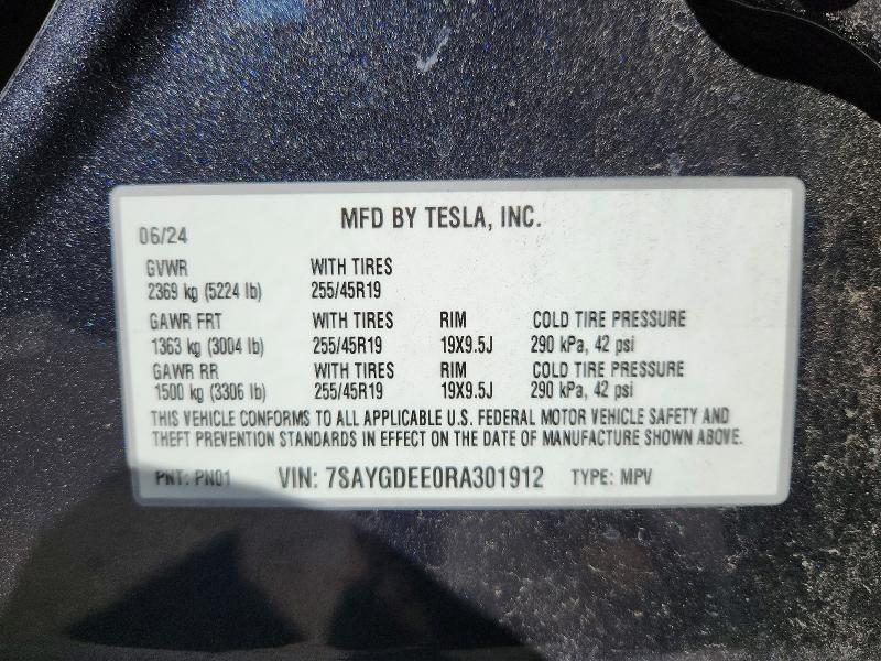 67739786 :رقم المزاد ، 7SAYGDEE0RA301912 vin ، 2024 Tesla Model Y مزاد بيع