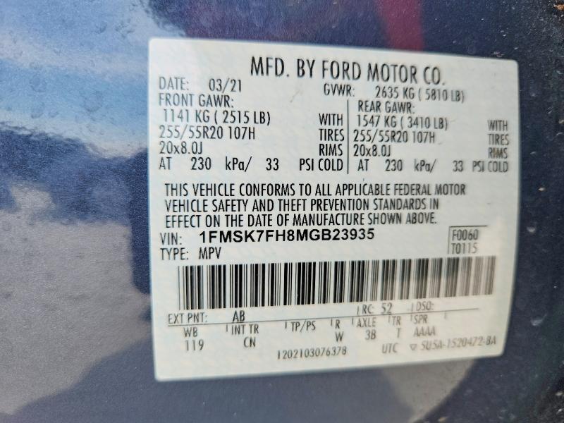 70153626 :رقم المزاد ، 1FMSK7FH8MGB23935 vin ، 2021 Ford Explorer مزاد بيع
