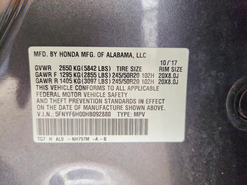 Aukcja sprzedaży 2017 Honda Pilot, vin: 5FNYF6H00HB092880, numer aukcji: 70478006