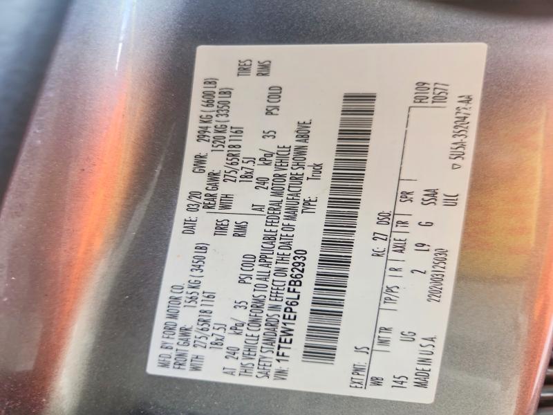 2020 Ford F150 მანქანა იყიდება აუქციონზე, vin: 1FTEW1EP6LFB62930, აუქციონის ნომერი: 68179156