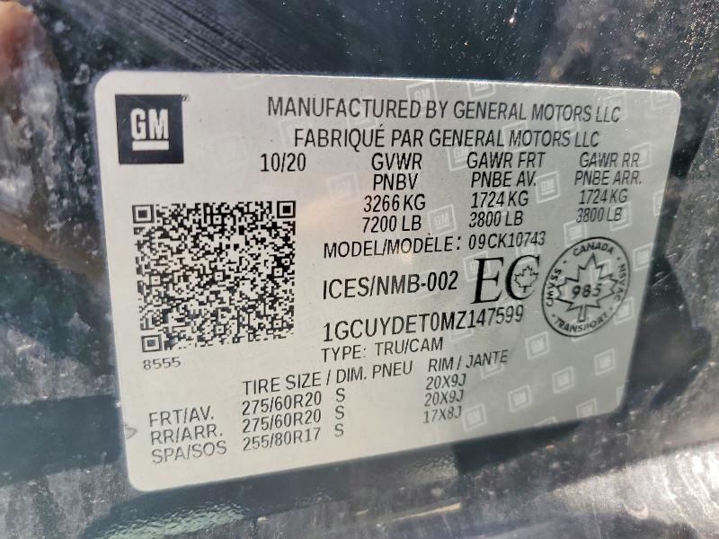 2021 Chevrolet Silverado მანქანა იყიდება აუქციონზე, vin: 1GCUYDET0MZ147599, აუქციონის ნომერი: 67662366