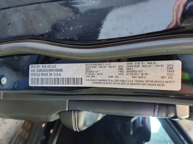 2021 Jeep Grand Cherokee მანქანა იყიდება აუქციონზე, vin: 1C4RJKDG9M8108485, აუქციონის ნომერი: 69441826