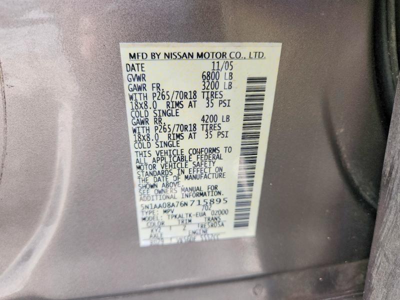 2006 Nissan Armada მანქანა იყიდება აუქციონზე, vin: 5N1AA08A76N715895, აუქციონის ნომერი: 64154916