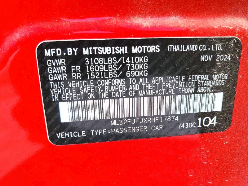 Продаж на аукціоні авто 2024 Mitsubishi Mirage, vin: ML32FUFJXRHF17874, номер лоту: 67709666